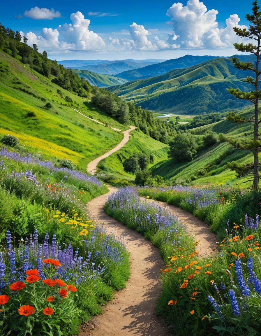 A scenic travel landscape featuring winding paths through lush green hills, with vibrant wildflowers blooming along the trails. Include a joyful group of diverse travelers, laughing and exploring together, embodying the spirit of adventure and camaraderie. The sky is bright blue with fluffy white clouds, suggesting a perfect day for outdoor exploration. Add whimsical elements like butterflies and birds taking flight to enhance the sense of excitement. painting. vibrant colors. super-realistic.