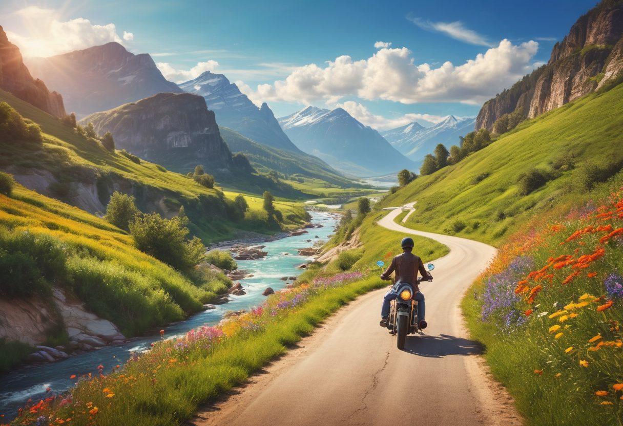 A winding road surrounded by lush green hills and colorful wildflowers under a bright blue sky. Add a joyful couple riding a vintage motorcycle, smiling and embracing the freedom of the open road. Include a distant view of majestic mountains and a sparkling river running alongside the path.Overlay subtle warm sunlight to create a blissful atmosphere. vibrant colors. super-realistic.