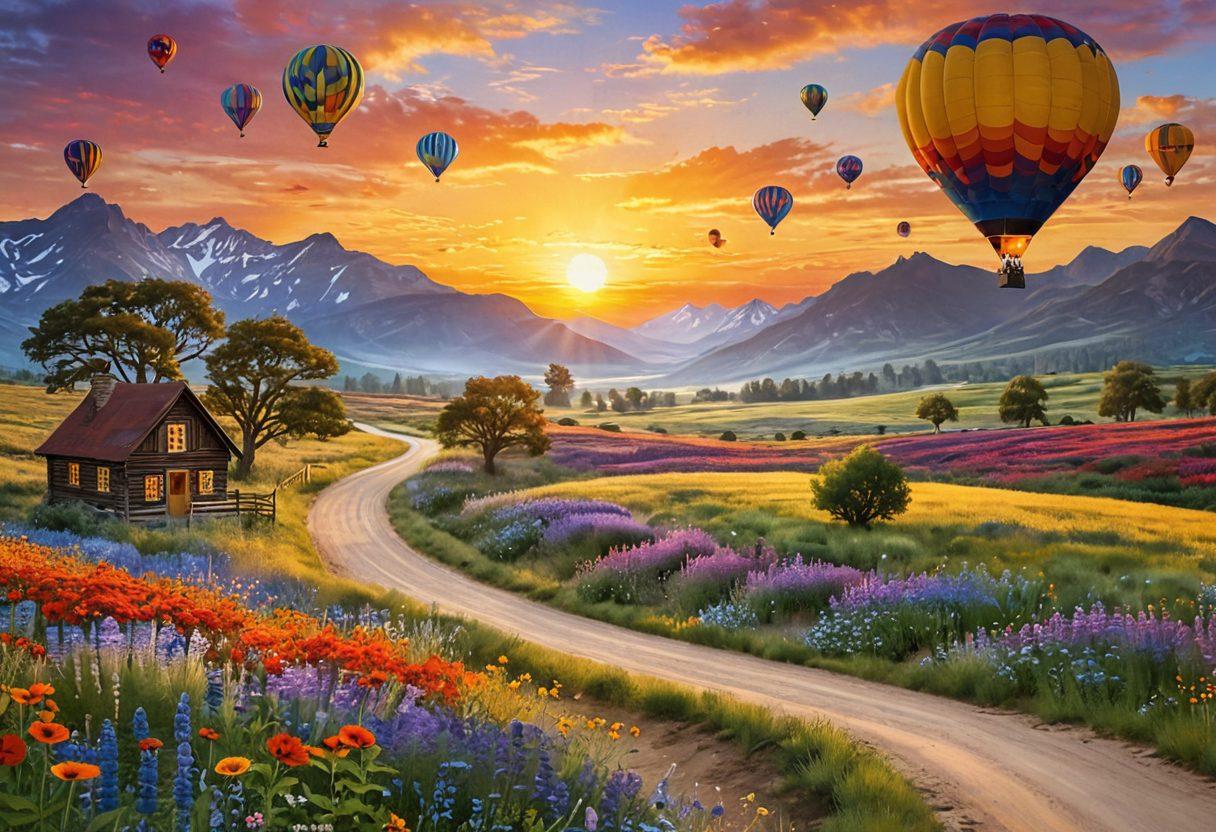 A whimsical landscape featuring a winding unconventional road surrounded by vibrant wildflowers and cheerful wildlife. Incorporate a colorful hot air balloon floating in the sky, symbolizing exploration and adventure. Add a joyful group of diverse travelers with backpacks, laughing and sharing stories by the roadside. The sun setting in the background casts a warm, golden hue over the scene, evoking a sense of bliss. vibrant colors. painting. whimsical style.